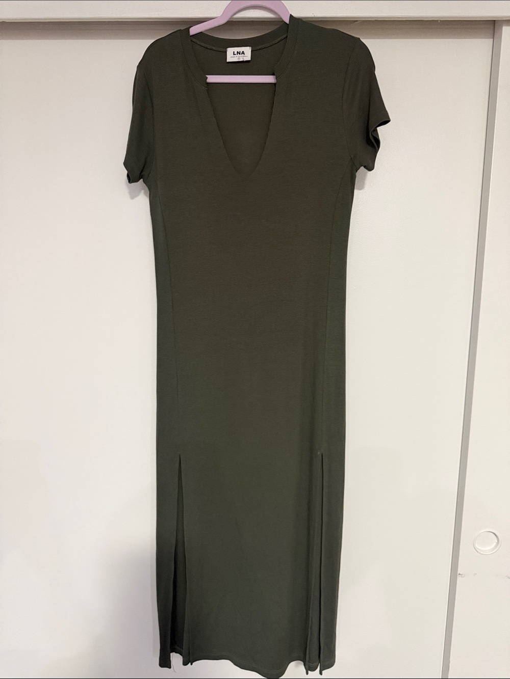 LNA Olive V-Neck Short Sleeve Midi Dress